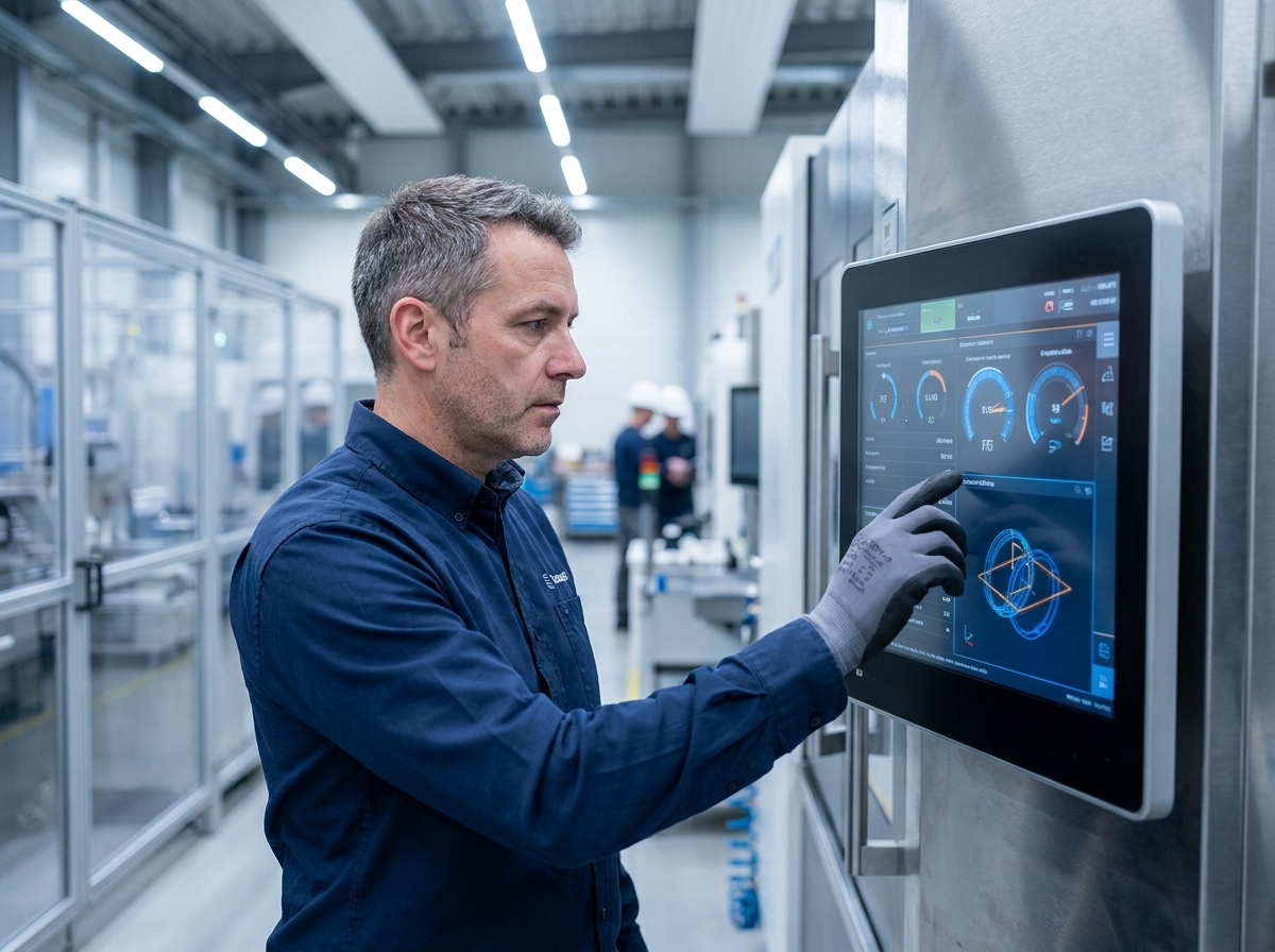 Ingénieur industriel pilotant une machine CNC via un écran tactile intuitif dans une usine moderne