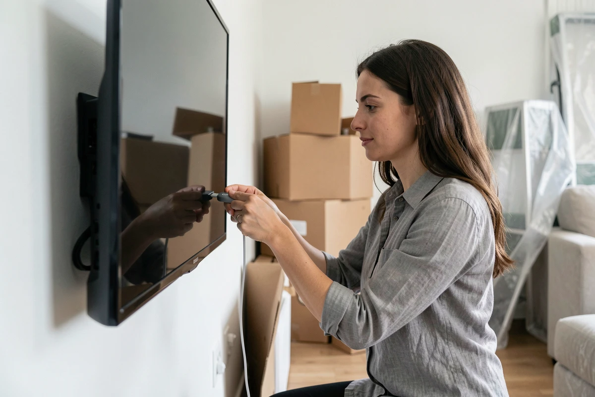 Femme branchant un Chromecast sur une télévision dans un appartement après un déménagement