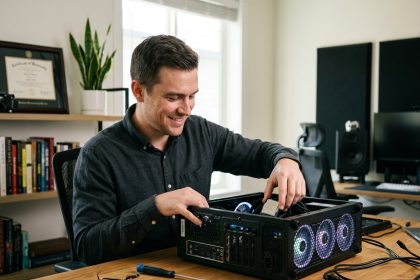Jeune homme installant un processeur dans un PC avec fierté