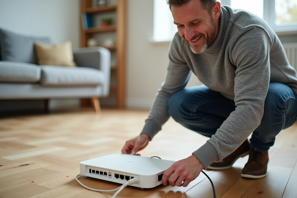 Homme branchant un routeur fibre optique SFR dans un salon moderne après un test d'éligibilité positif