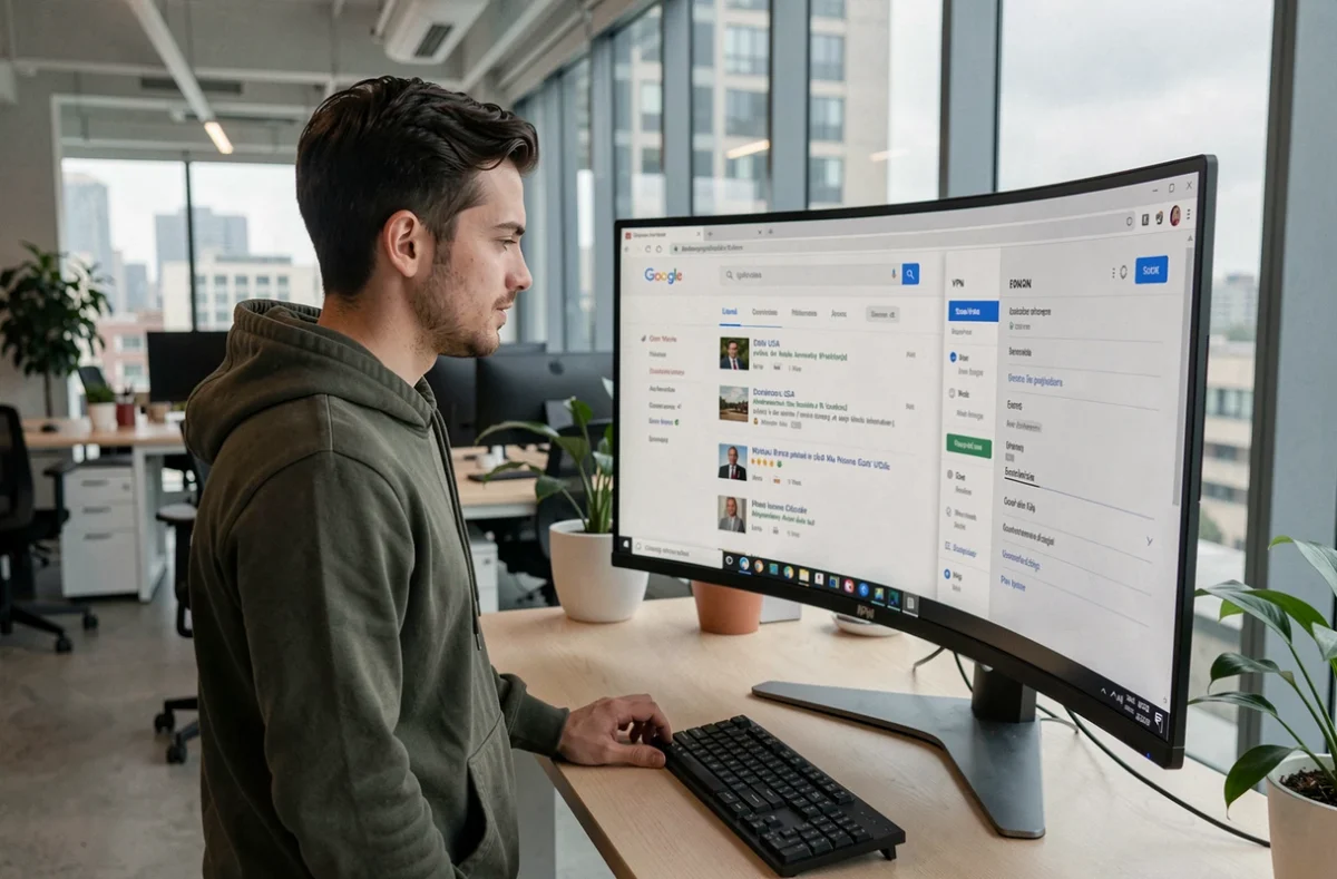 Jeune homme accédant à Google USA en français depuis un espace de coworking avec un grand écran