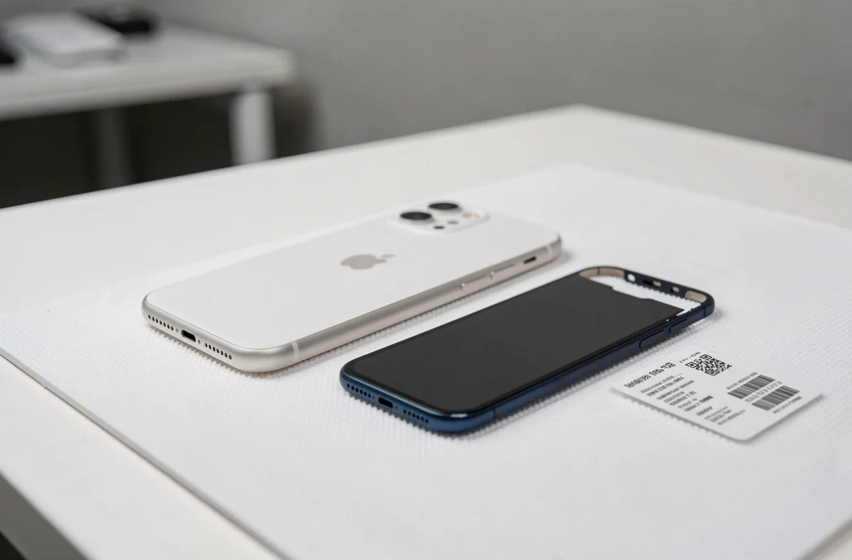 iPhone 11 démonté avec écran OLED détaché et facture de réparation posés sur un tapis antistatique blanc
