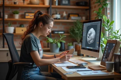Jeune femme en atelier créatif avec ordinateur et textures
