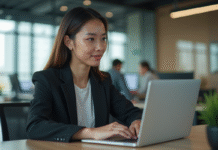 Chatbot : l’utilité et les avantages de ce robot conversationnel pour votre entreprise Jeune femme professionnelle interagissant avec un chatbot sur son ordinateur