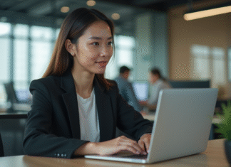 Chatbot : l’utilité et les avantages de ce robot conversationnel pour votre entreprise Jeune femme professionnelle interagissant avec un chatbot sur son ordinateur