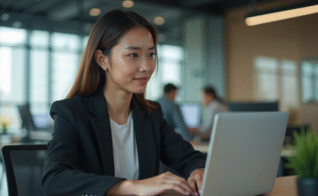 Chatbot : l’utilité et les avantages de ce robot conversationnel pour votre entreprise Jeune femme professionnelle interagissant avec un chatbot sur son ordinateur