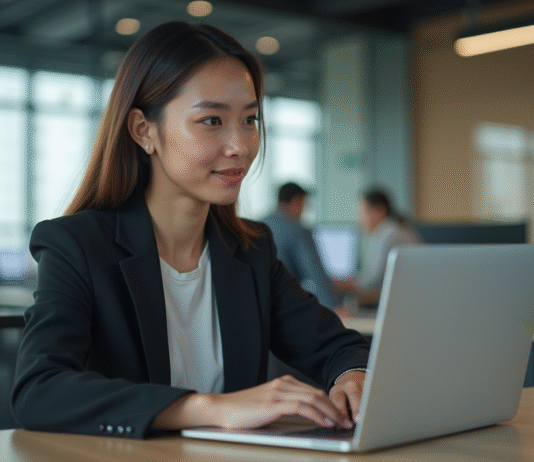 Chatbot : l’utilité et les avantages de ce robot conversationnel pour votre entreprise Jeune femme professionnelle interagissant avec un chatbot sur son ordinateur