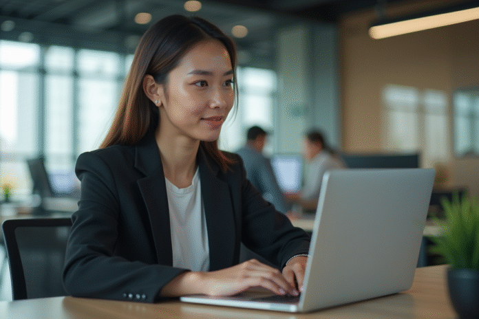 jeune-femme-bureau-chatbot Jeune femme professionnelle interagissant avec un chatbot sur son ordinateur