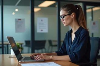 Jeune femme professionnelle en bureau moderne travaillant sur son ordinateur
