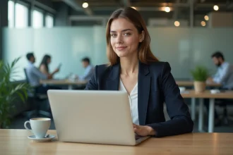 Jeune femme professionnelle avec ordinateur dans un bureau moderne