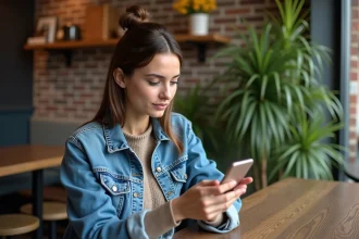 Jeune femme en café moderne utilisant son smartphone