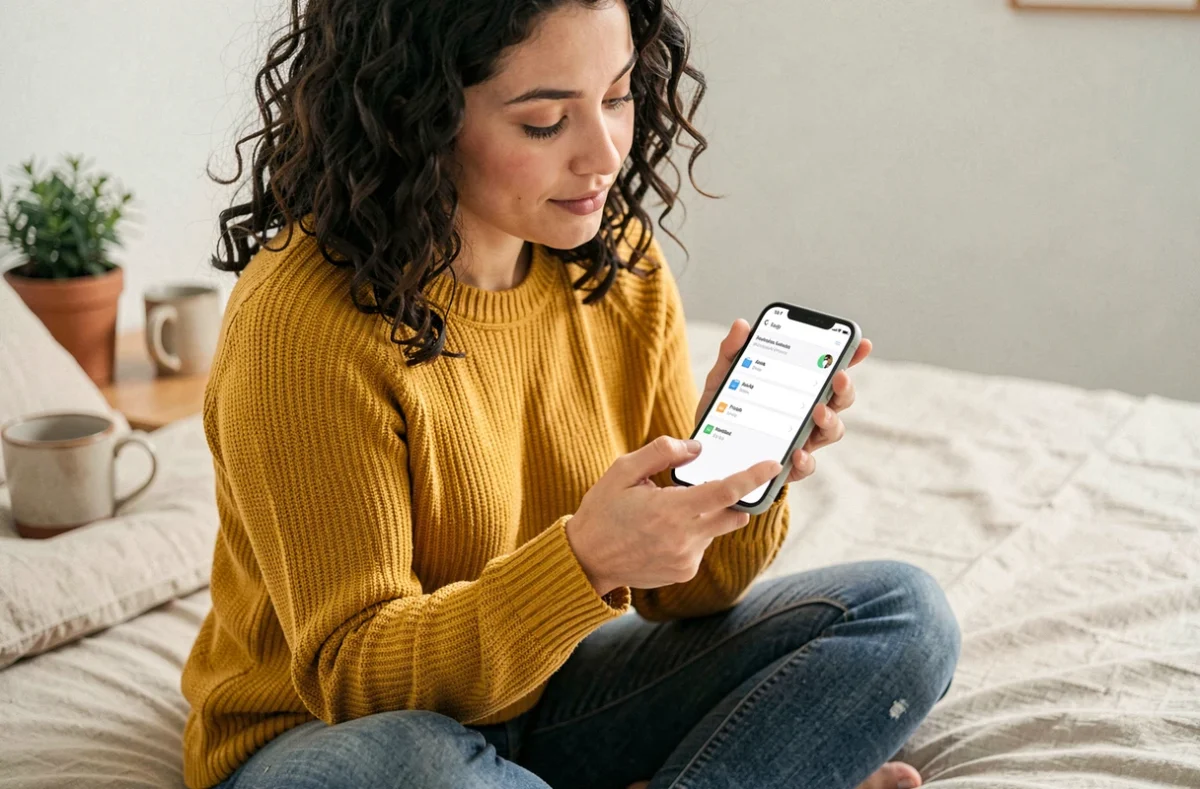 Jeune femme convertissant un document sur smartphone depuis son lit avec une application mobile gratuite