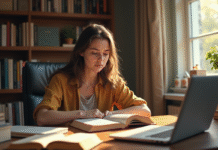Jeune femme curieuse lisant un dictionnaire à son bureau