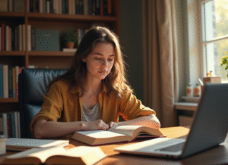Jeune femme curieuse lisant un dictionnaire à son bureau