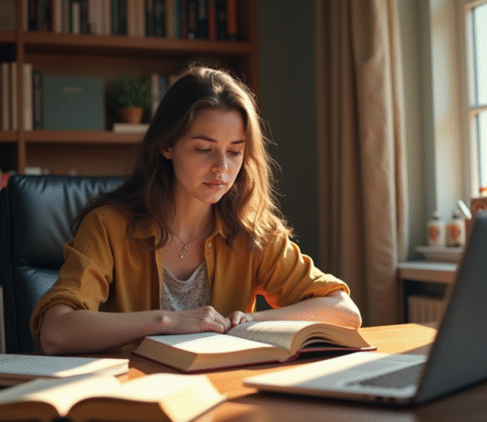Jeune femme curieuse lisant un dictionnaire à son bureau