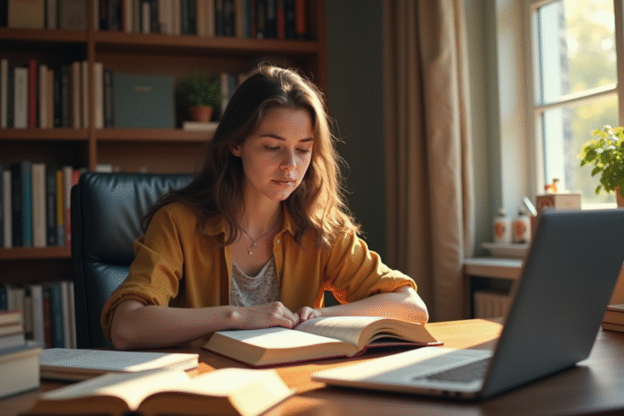 Jeune femme curieuse lisant un dictionnaire à son bureau