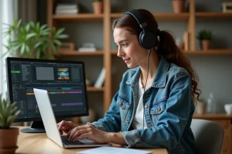 Jeune femme avec casque et ordinateur portable affichant des sous-titres
