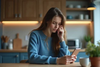 Jeune femme curieuse avec smartphone dans une cuisine moderne