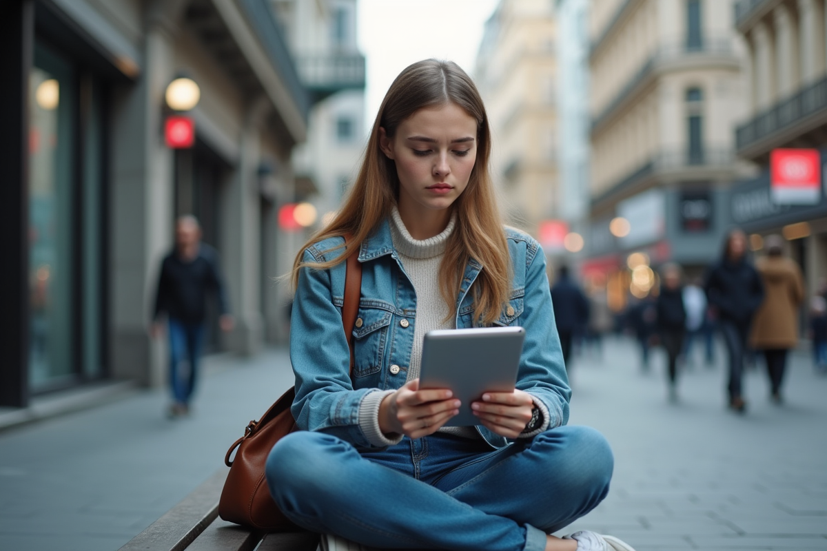 Jeune femme en extérieur regarde son tablet en ville