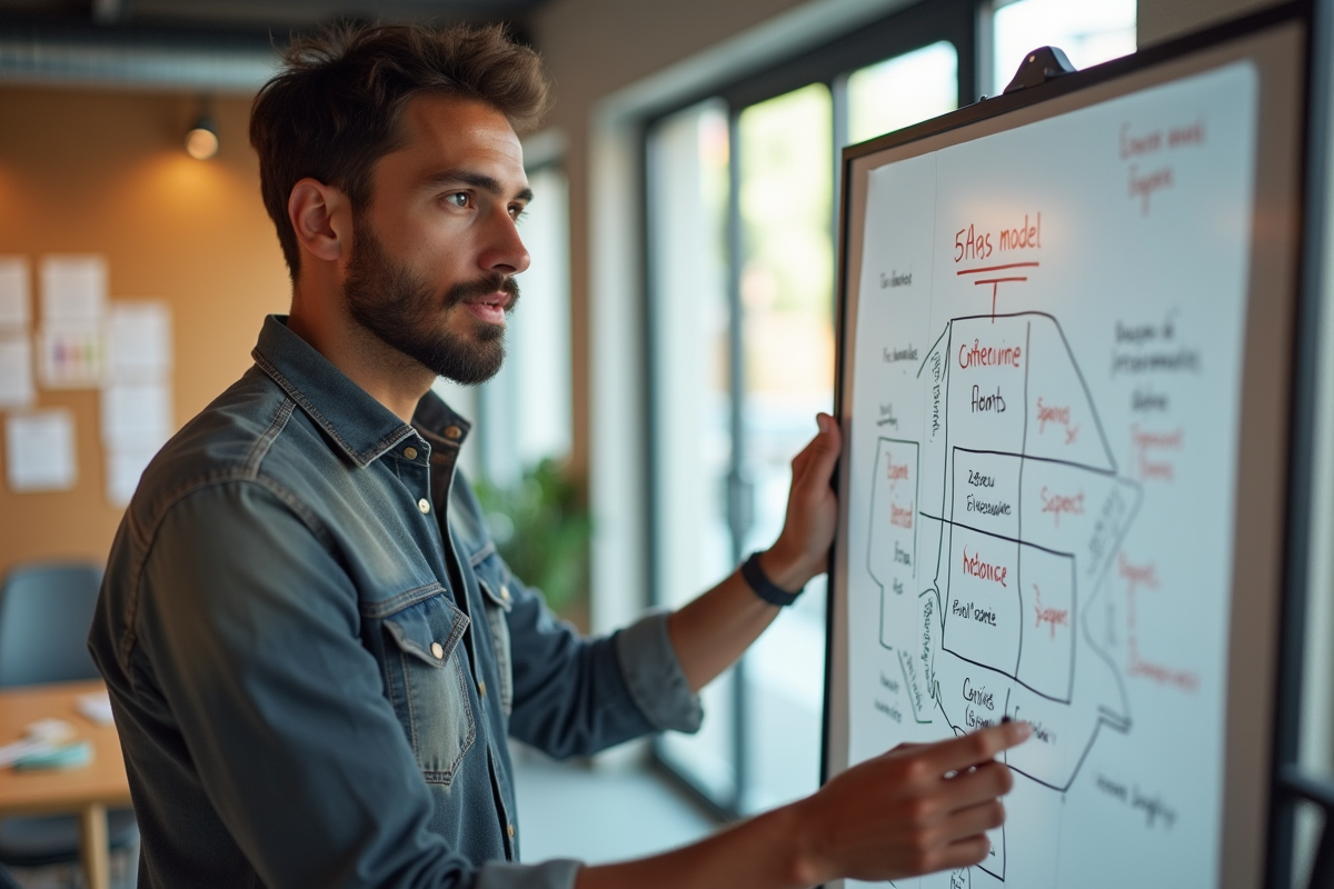 Jeune homme annotant un diagramme 5AS en groupe