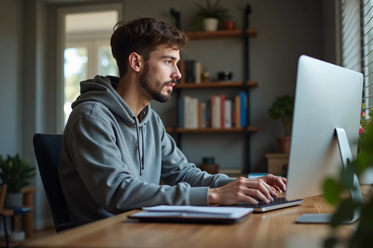 Jeune homme concentré travaillant sur son ordinateur dans un bureau moderne