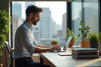 Jeune homme travaillant sur un ordinateur dans un bureau moderne