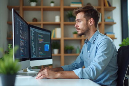 Jeune homme au bureau avec deux écrans en développement