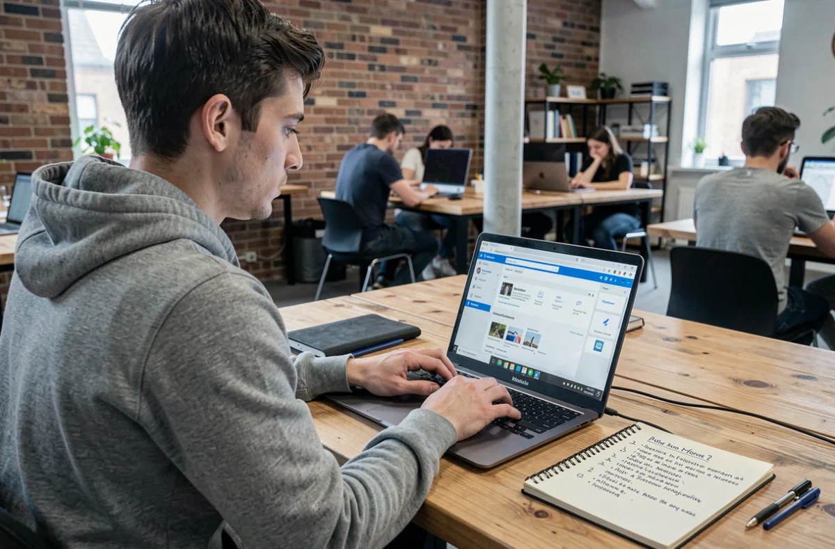Jeune homme configurant son webmail pour la première fois dans un espace de coworking moderne avec une liste de vérification
