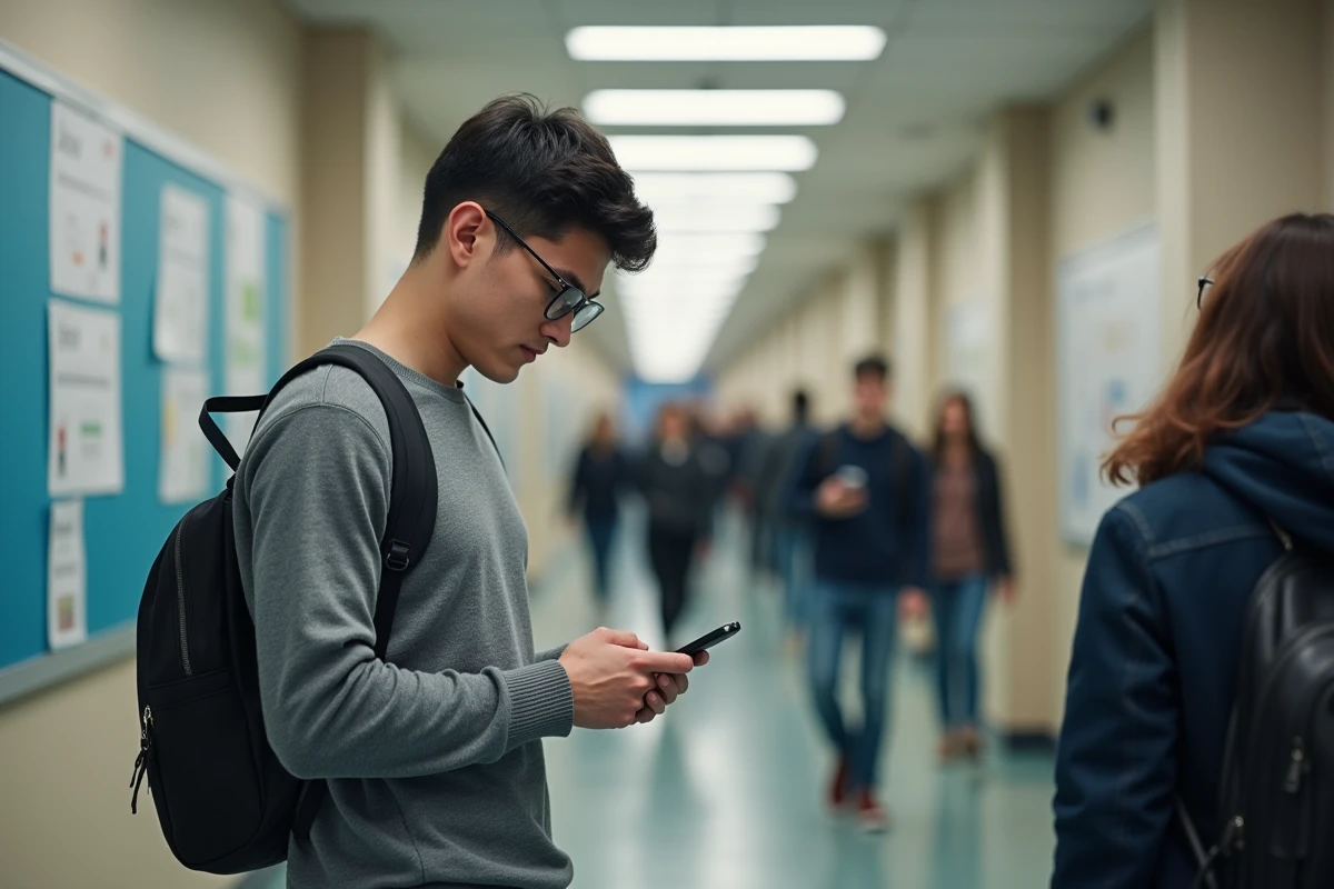 Jeune homme vérifiant ses emails dans un couloir universitaire animé
