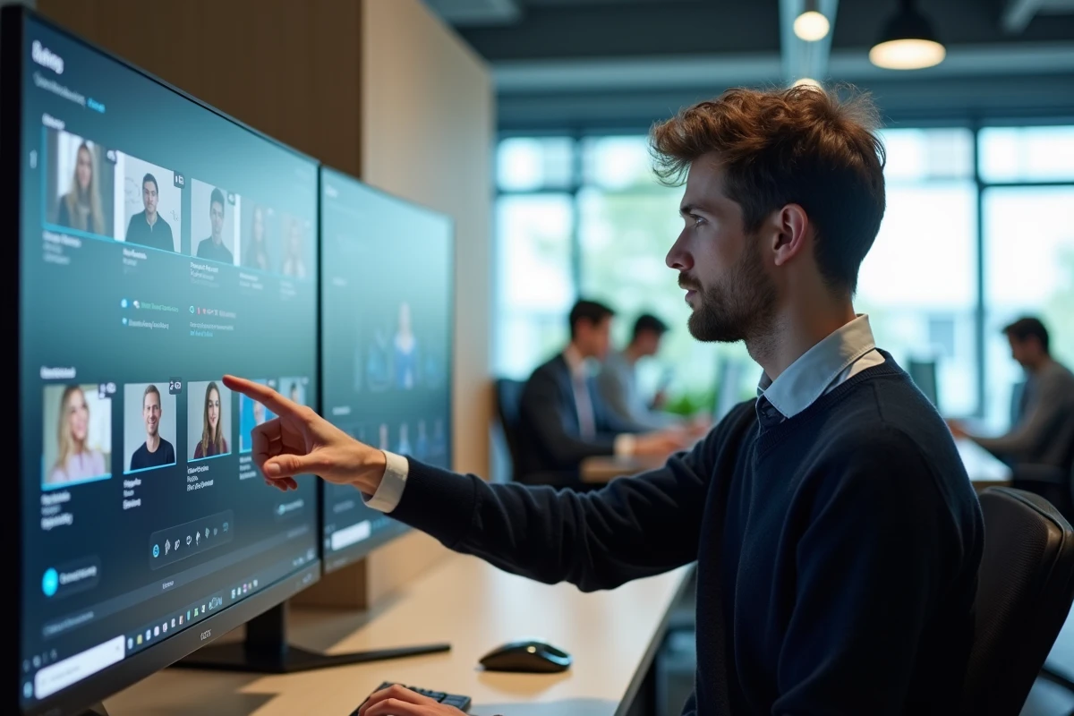 Jeune homme dans un espace de coworking avec écran de sous-titres