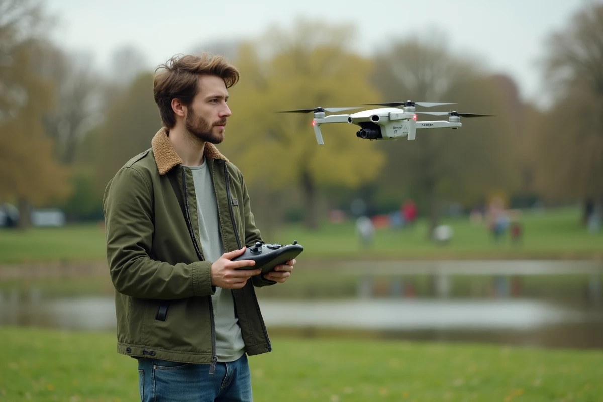 Jeune homme avec drone dans un parc en plein air
