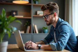 Jeune homme en denim éditant une vidéo 4K sur un ordinateur portable