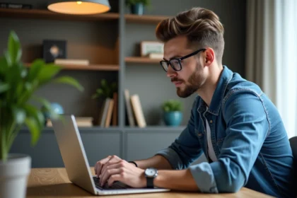 Jeune homme en denim éditant une vidéo 4K sur un ordinateur portable