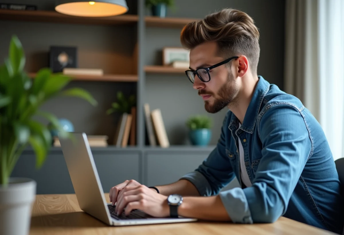 Jeune homme en denim éditant une vidéo 4K sur un ordinateur portable