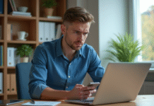 Problème A2F : Solutions si l’Authentification à Deux Facteurs ne fonctionne pas ! Jeune homme frustré utilisant son smartphone et ordinateur dans un bureau