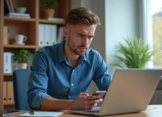 Problème A2F : Solutions si l’Authentification à Deux Facteurs ne fonctionne pas ! Jeune homme frustré utilisant son smartphone et ordinateur dans un bureau