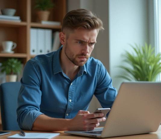 Jeune homme frustré utilisant son smartphone et ordinateur dans un bureau