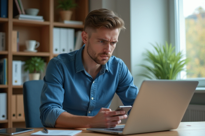jeune-homme-frustration-ordinateur Jeune homme frustré utilisant son smartphone et ordinateur dans un bureau
