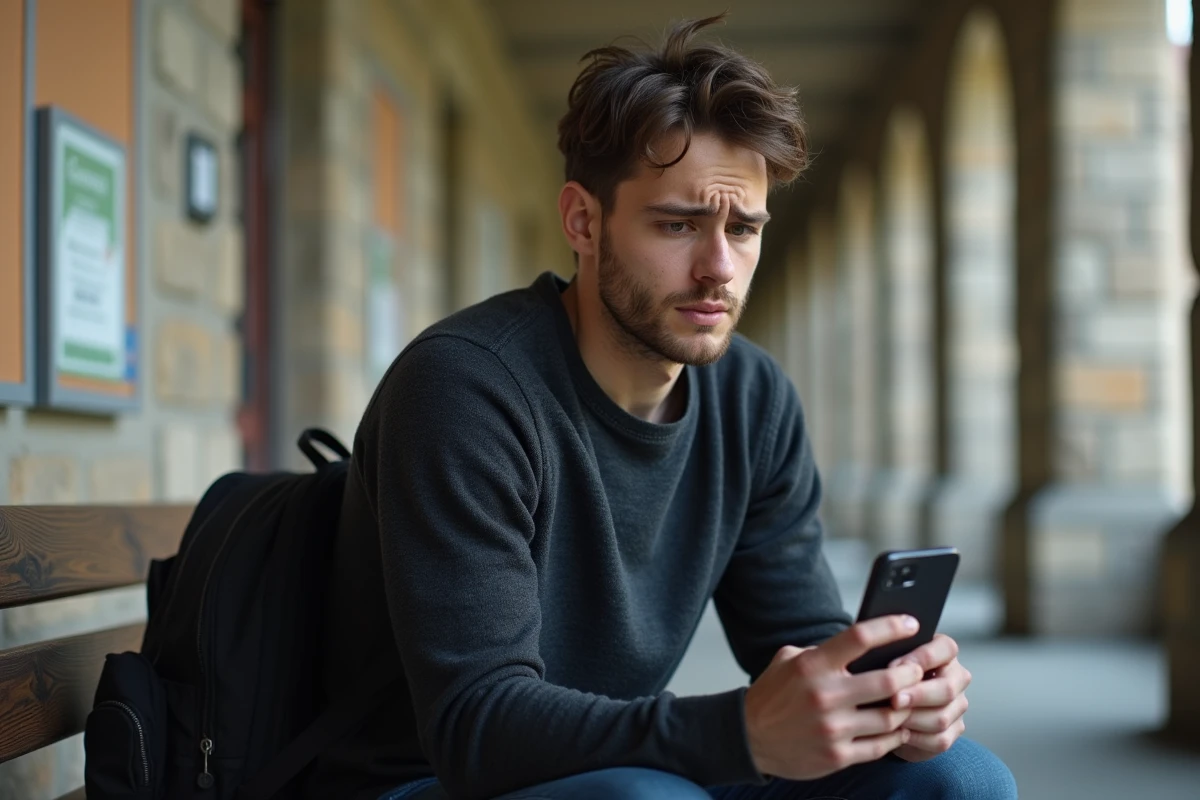 Jeune homme dans un couloir d université avec smartphone
