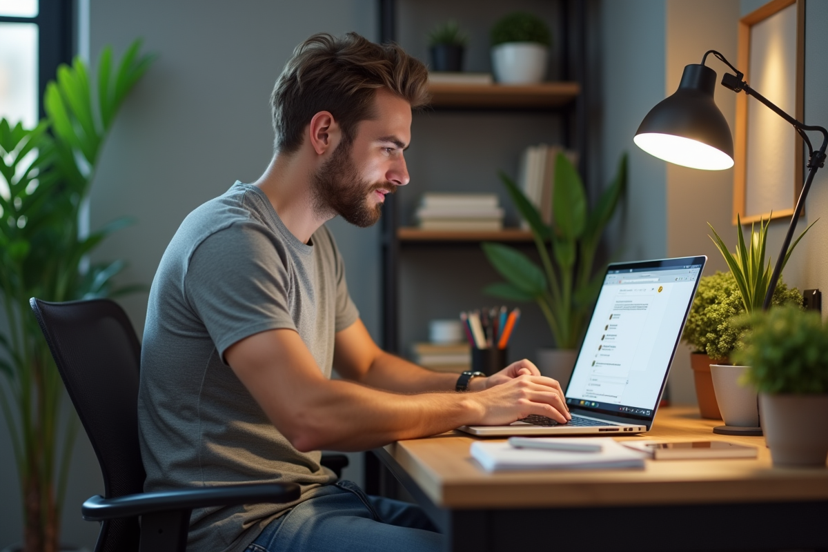 Jeune homme travaillant sur son ordinateur dans un bureau à domicile