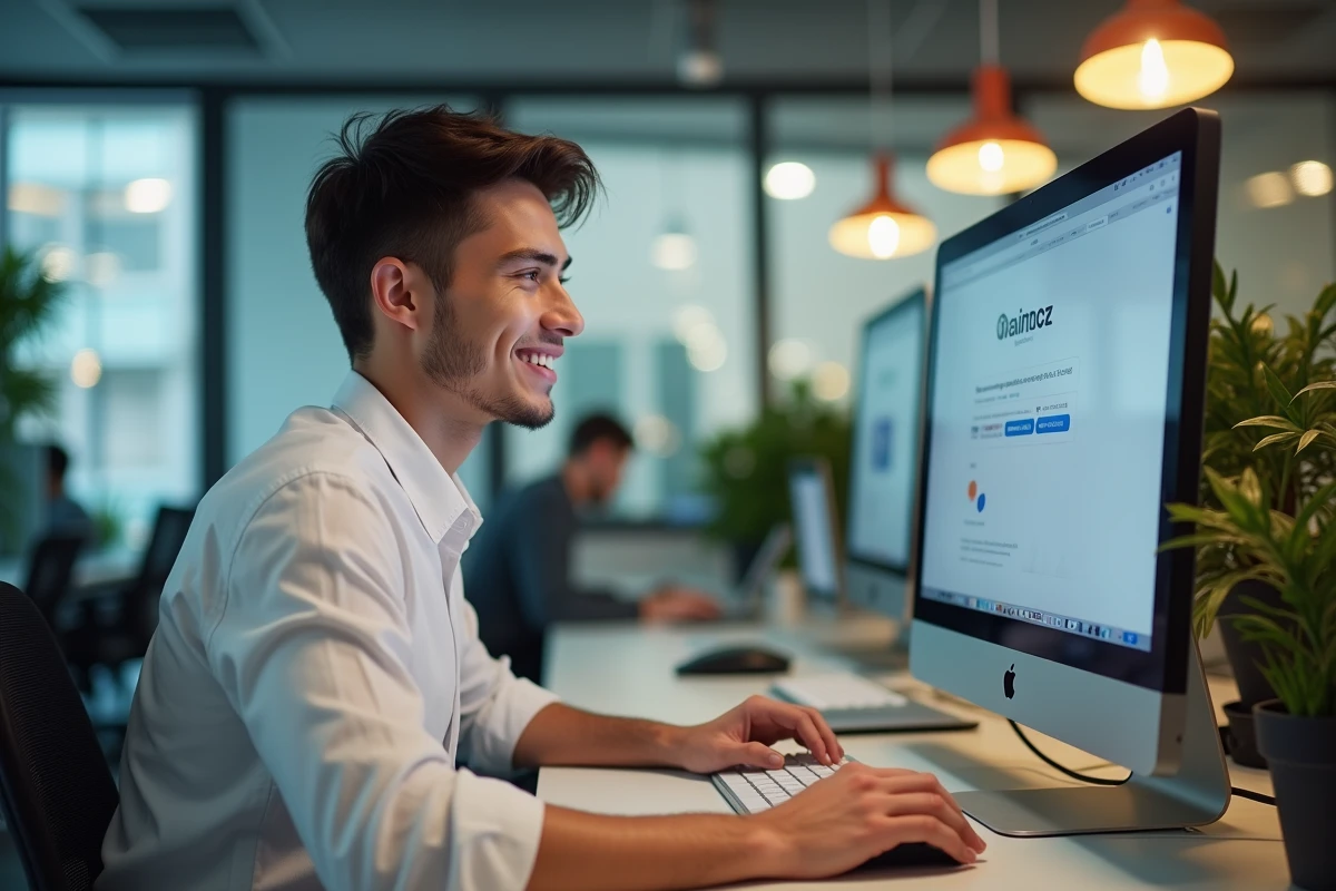 Jeune homme utilisant des raccourcis clavier dans un bureau moderne