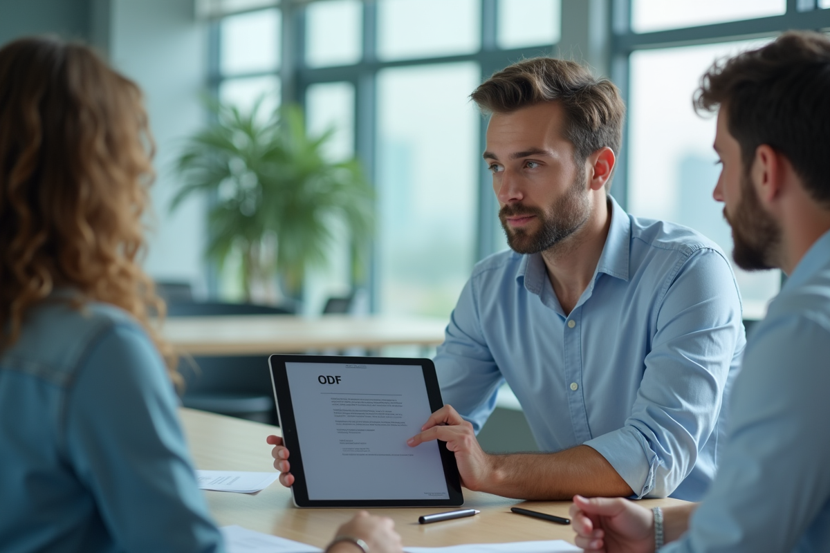 Jeune homme présentant un document ODF sur tablette en réunion