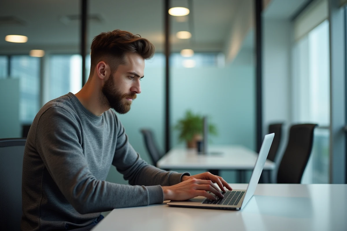Jeune homme configure un compte email sur son laptop