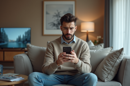 Jeune homme regardant son smartphone dans un salon moderne