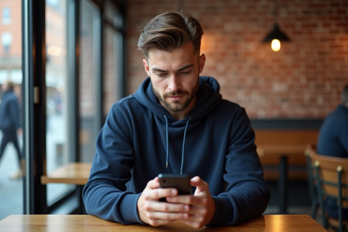 Jeune homme vérifiant ses réglages sur son smartphone dans un café