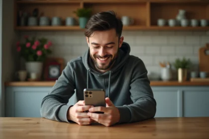 Jeune homme souriant avec un vieux téléphone dans la cuisine