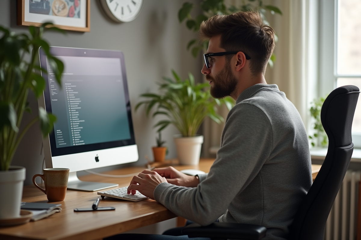 Jeune homme en casual automatisant une campagne email à la maison