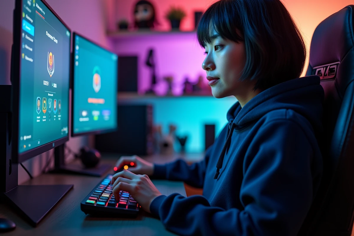 Joueuse PC optimisant les paramètres d'Armory Crate sur un setup gaming double écran avec chaise gaming