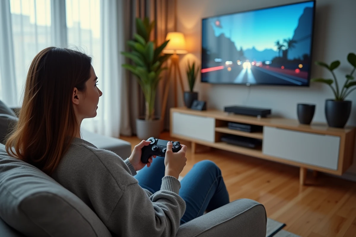 Femme jouant sur une console Xbox nouvelle génération connectée à un écran 8K dans un salon contemporain moderne