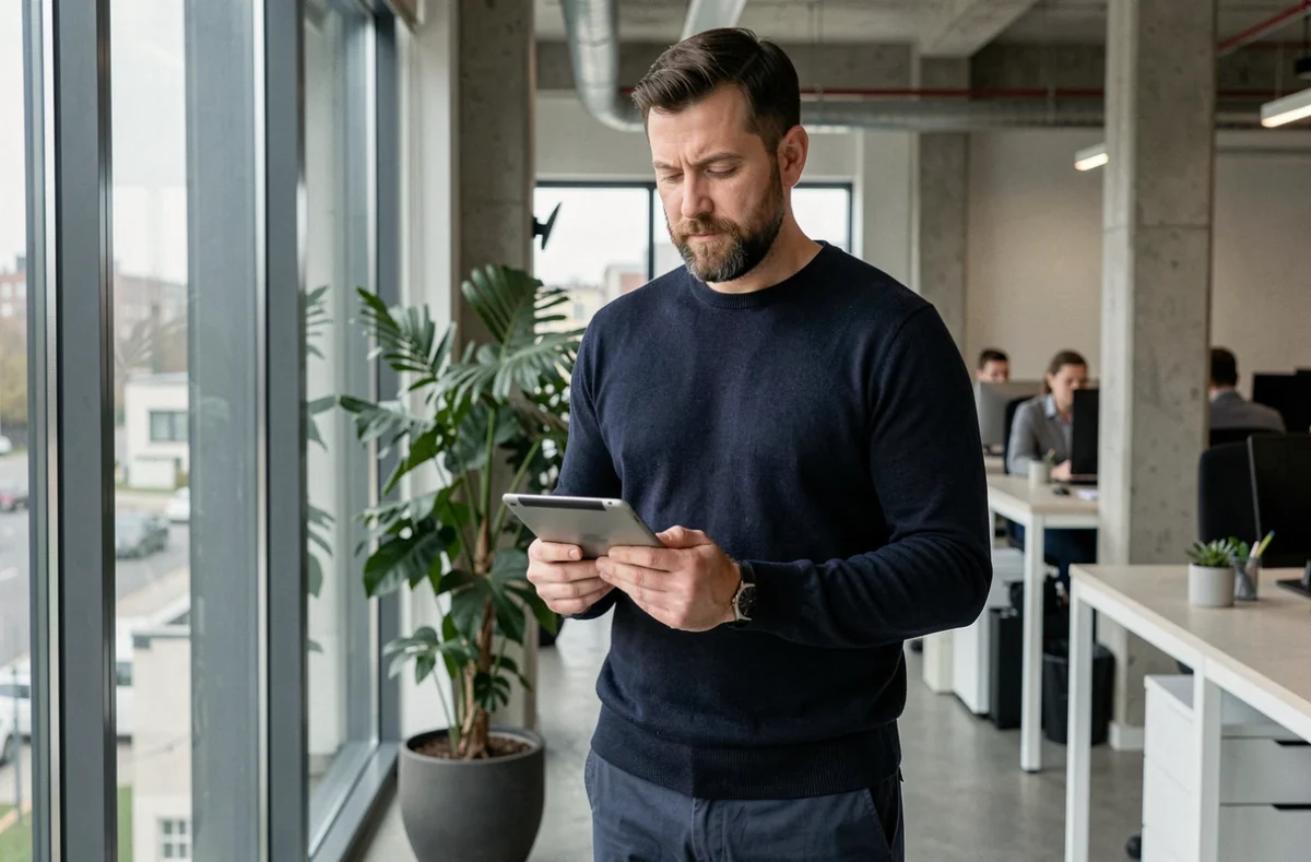 Professionnel consultant l'application Kelasamdeteom sur une tablette dans un espace de bureau moderne après plusieurs mois d'utilisation